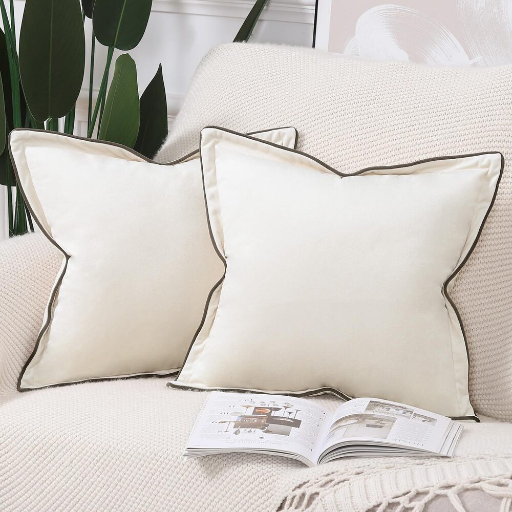 8402 Set of 2 Velvet Fringed Throw Pillow Covers 20x20 Inch Cream White